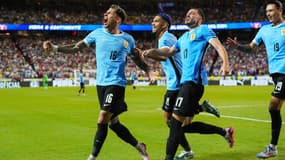 Mathias Olivera célèbre son but lors du match Uruguay-Etats-Unis (1-0, Copa America), le 1er juillet 2024
