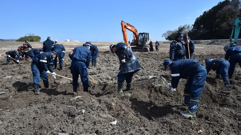 Des policiers cherchent des personnes disparues sur la zone de Fukushima en mars 2017, 6 ans après la catastrophe (image d'illustration)