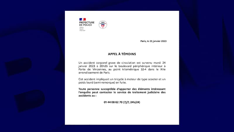 Le conducteur a renversé un scooter sur le périphérique intérieur mardi 24 janvier aux alentours de 20h35. 
