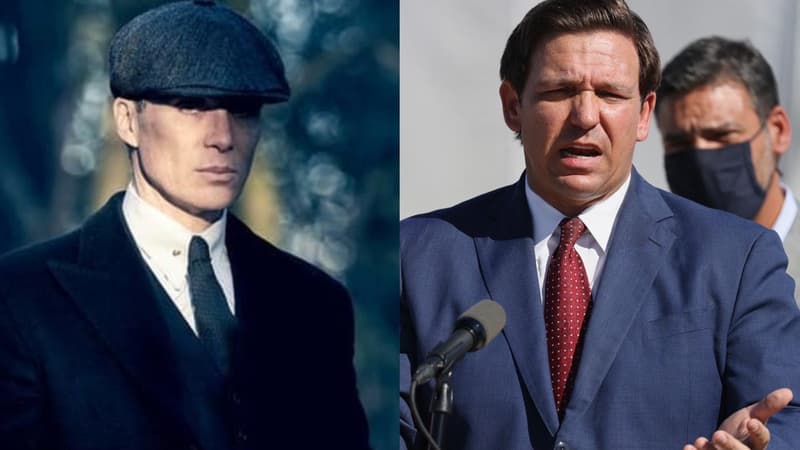 Cillian Murphy dans la série Peaky Blinders (à gauche) et Ron DeSantis, candidat républicain à la présidentielle américaine en 2024.