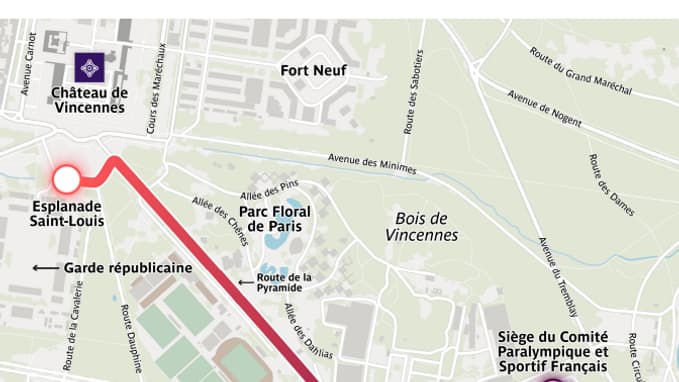 Parcours de l'étape du matin du segment 1 du relais de de la flamme paralympique à Paris, le 28 août 2024.
