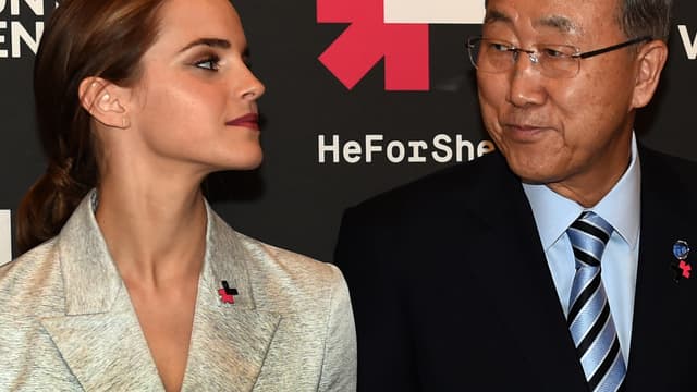 Emma Watson, ambassadrice de bonne volonté d'ONU et Ban Ki Moon, secrétaire général de l'ONU, à New York, le 20 septembre 2014.
