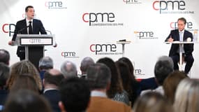 Jordan Bardella le 20 mars 2024 devant un parterre de patrons de la CPME à Paris dans le cadre de la campagne des élections européennes