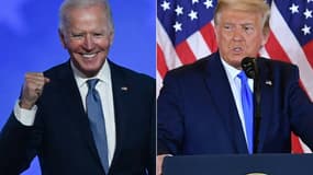 Joe Biden à Wilmington, dans le Delaware, et le président Donald Trump à la Maison Blanche, s'expriment lors de la nuit électorale du 3 au 4 novembre 2020 