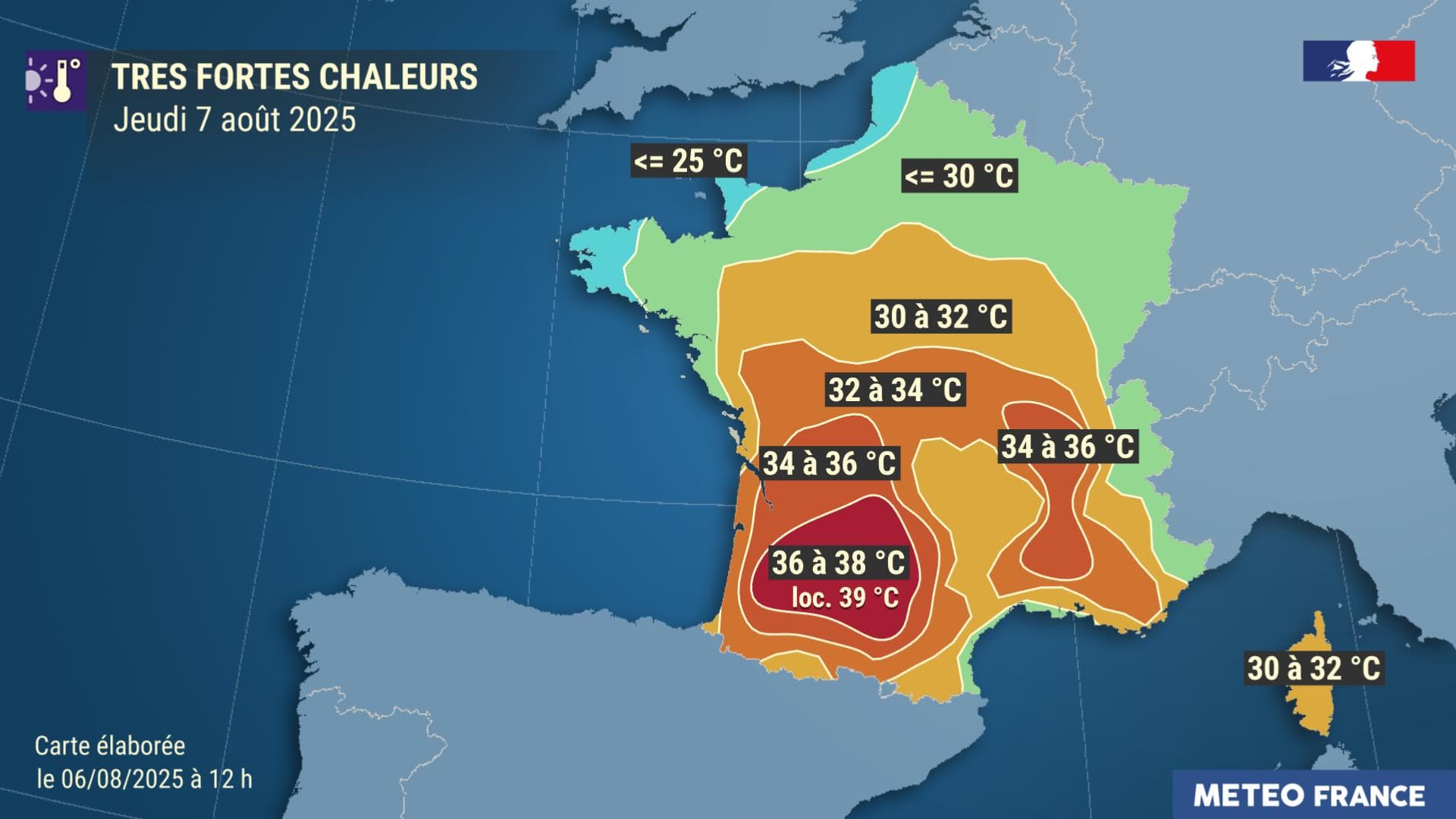 La carte pour la journée de jeudi 7 août, établie par Météo-France. La carte pour la journée de jeudi 7 août, établie par Météo-France.