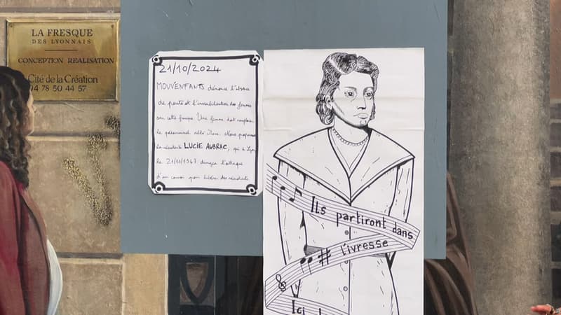 Un portrait de Lucie Aubrac recouvrant celui de l'Abbé Pierre sur la Fresque des Lyonnais, le lundi 21 octobre 2024.
