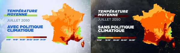 La température moyenne attendue en France en 2050, avec ou sans politique climatique.