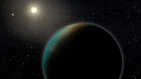 Représentation artistique de l'exoplanète TOI-1452 b, une petite planète qui pourrait être entièrement recouverte d'un profond océan.