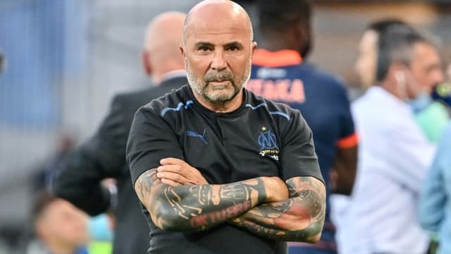 Jorge Sampaoli, l'entraîneur argentin de Marseille, au cours du match de L1 contre Montpellier le 8 août 2021 à La Mosson à Montpellier
