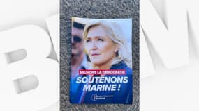 Tract de soutien à Marine Le Pen diffusé sur le marché d'Hénin-Beaumont (Pas-de-Calais) le 1er avril 2025 au lendemain de sa condamnation à une peine d'inéligibilité avec exécution provisoire