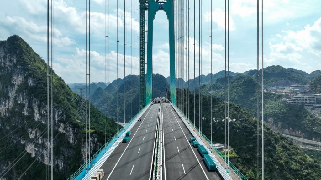 Aerial photo that shows the bridge of the Grand Canyon of Huajiang, in the province of Guizhou, in southwest China, on September 4, 2025. 
