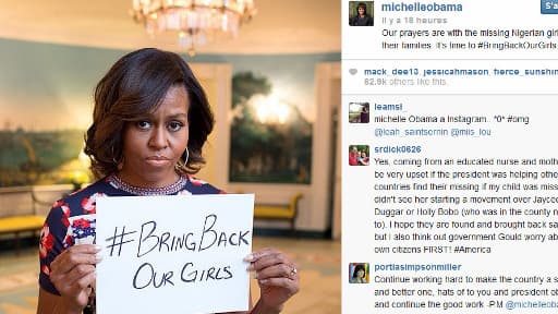 La photo postée par Michelle Obama sur les réseaux sociaux Instagram et Twitter, en faveur des lycéennes enlevées par Boko Haram au Nigéria.