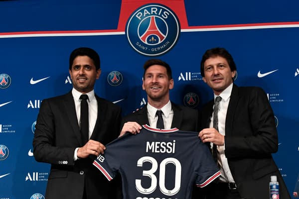 Nasser Al-Khelaifi, Lionel Messi et Leonardo (PSG)