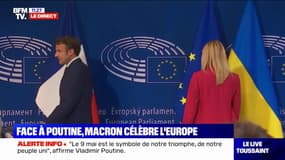 Emmanuel Macron arrive au Parlement européen où il s'exprimera pour la Journée de l'Europe