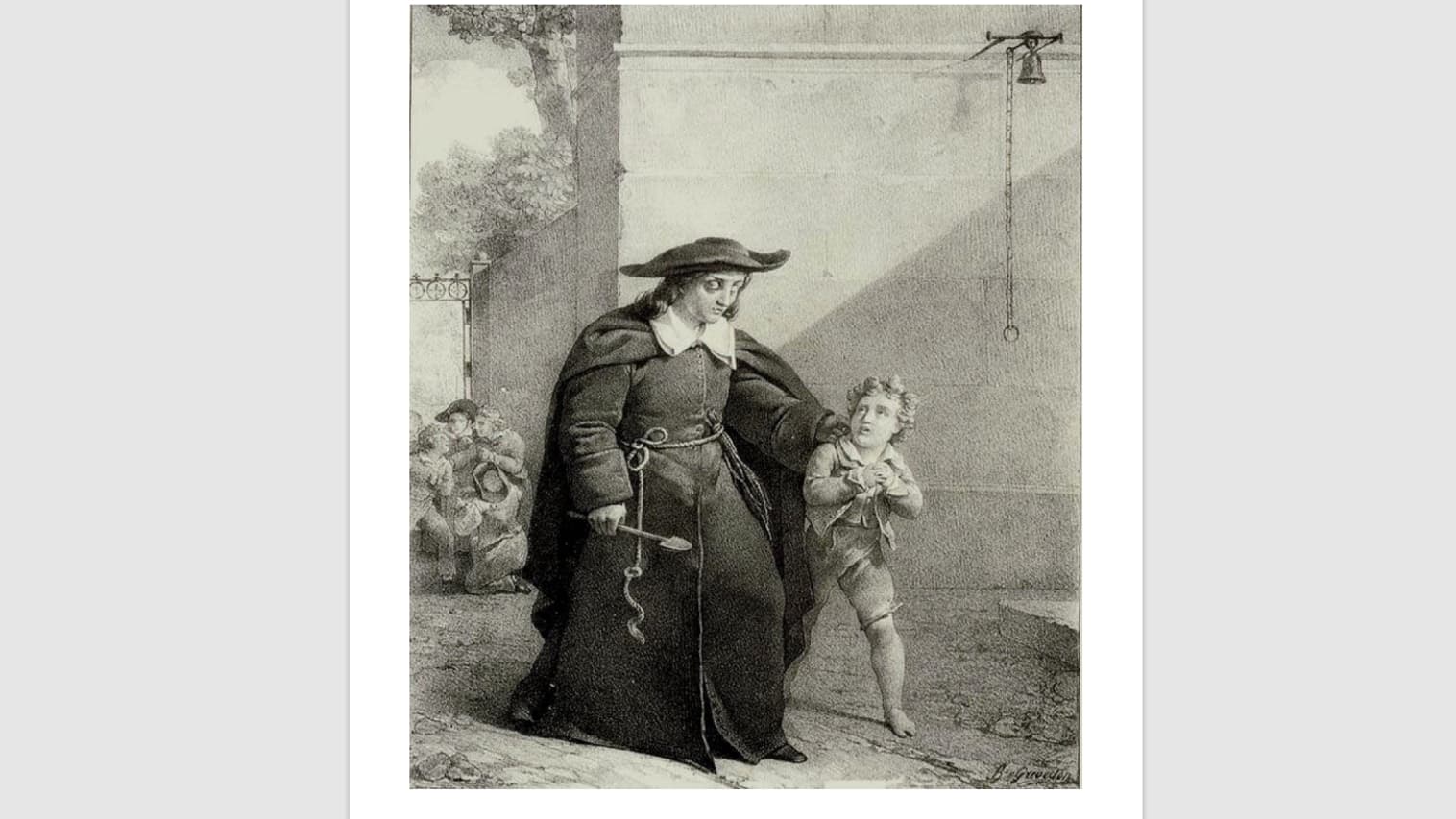 Une lithographie datant de 1835 montrant un enfant, nu-pieds, emmené loin de ses camarades par un frère portant la férule et le martinet. E Une lithographie datant de 1835 montrant un enfant, nu-pieds, emmené loin de ses camarades par un frère portant la férule et le martinet. E