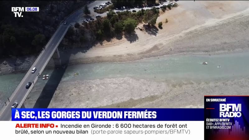 Sécheresse: les images méconnaissables des gorges du Verdon, où le niveau de l'eau est très bas