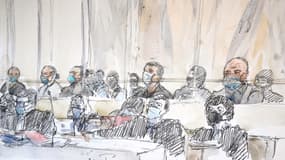 Les accusés du procès des attentats de janvier 2015 et leurs avocats, le 2 septembre 2020 au tribunal de Paris.