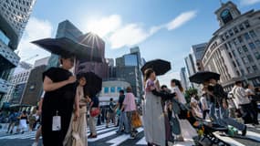 Des piétons marchent sur un passage à niveau dans le centre de Tokyo où les températures ont atteint 35 degrés Celsius, le 8 juillet 2024.