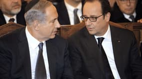Benjamin Netanyahu et François Hollande dimanche soir à la Grande synagogue de Paris.