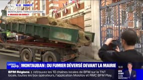 Revendications des agriculteurs: du fumier déversé devant la mairie de Montauban (Tarn-et-Garonne)