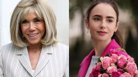 Brigitte Macron à Paris, le 24 juillet 2024, et l'actrice Lily Collins dans un épisode d'"Emily in Paris"