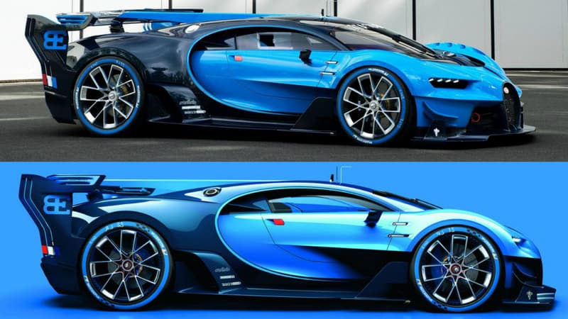 En bas le modèle virtuel de Gran Turismo, en haut la véritable Vision GT sortie des ateliers de Bugatti à Molsheim.