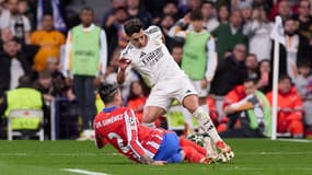 Josema Gimenez se fait éliminer par Brahim Diaz lors de Real Madrid-Atlético de Madrid (2-1, 8e aller de la Ligue des champions), le 4 mars 2025
