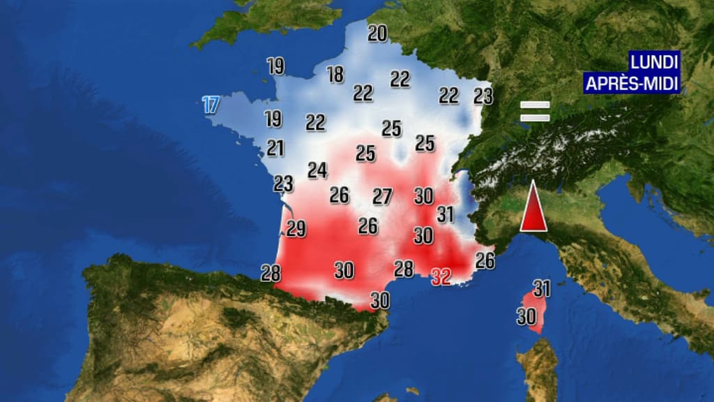 Carte de France des températures pour la journée de lundi.