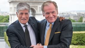 Maurice Levy, patron de Publicis, et John Wren, d'Omnicom, lors de leur conférence de presse commune dimanche 28 juillet.