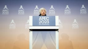 La secrétaire américaine au Trésor Janet Yellen lors de la réunion des ministres des Finances de la Coopération économique pour l'Asie-Pacifique le 13 novembre 2023 à San Francisco, aux Etats-Unis.