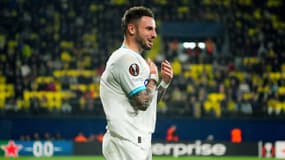 La célébration clim' de Jonathan Clauss après son but lors de Villarreal-PSG (3-1, Ligue Europa), le 14 mars 2024