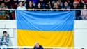 Drapeau ukrainien lors d'un match de volley en France. 