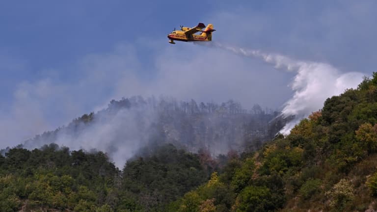 Un avion effectue des largages d'eau  sur le parc des Grands Causses, en Aveyron le 9 août 2022 