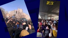 Des captures d'écran des vidéos de manifestations de personnes âgées contre la réforme de l'assurance-maladie en Chine.