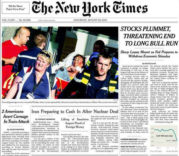 La une du New York Times du 22 août 2015. La une du New York Times du 22 août 2015.