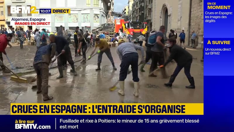 Crues en Espagne: la solidarité s'organise pour le nettoyage des rues à Algemesi