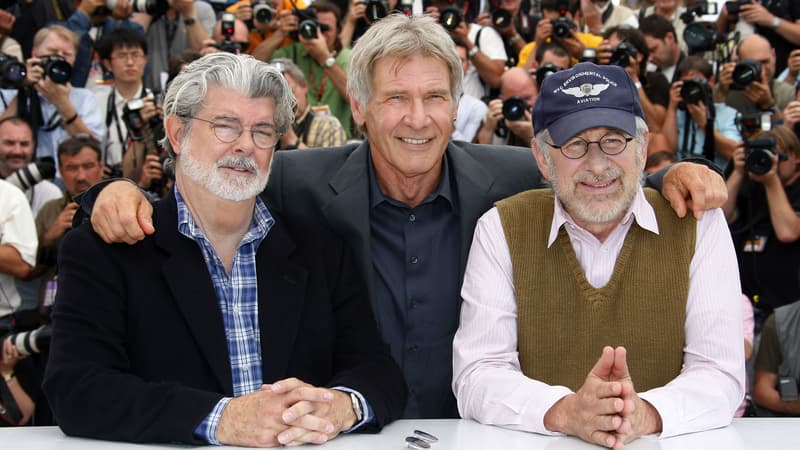 George Lucas, Harrison Ford et Steven Spielberg lors de la présentation de "Indiana Jones et le Royaume du Crâne de Cristal" à Cannes en 2008.