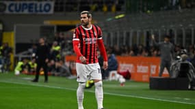 Théo Hernandez lors du match Inter-AC Milan (0-3, Coupe d'Italie), le 23 avril 2025