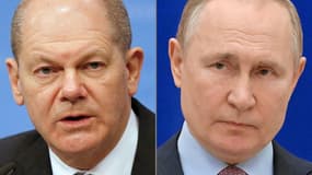 Le chancelier allemand Olaf Scholz et le président russe Vladimir Poutine 