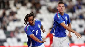 Luca Koleosho et Antonio Raimondo lors du match Italie-Monténégro (2-1, qualifs Euro U21), le 5 septembre 2025