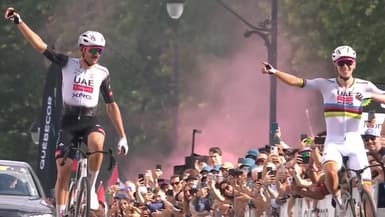 Brandon McNulty et Tadej Pogacar à l'arrivée du GP de Montréal, 14 septembre 2025
