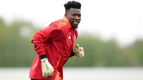 Andre Onana, gardien de Manchester United, à l'entraînement de veille de Ligue Europa, 16 avril 2025