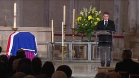 L'hommage d'Emmanuel Macron à Gérard Collomb dans la cathédrale Saint-Jean de Lyon pour ses obsèques le 29 novembre 2023.