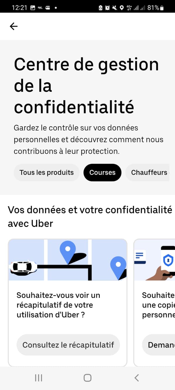 Capture d'écran application Uber 