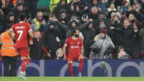 Mohamed Salah célèbre son but lors de Liverpool-Newcastle (4-2, Premier League), le 1er janvier 2024