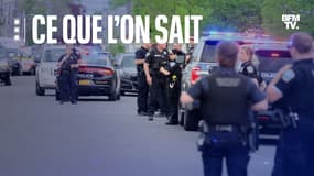 Des policiers mobilisés à proximité du supermarché "Tops", où une tuerie massive à motivation raciste a été perpétrée, samedi 14 mai 2022 à Buffalo aux États-Unis.