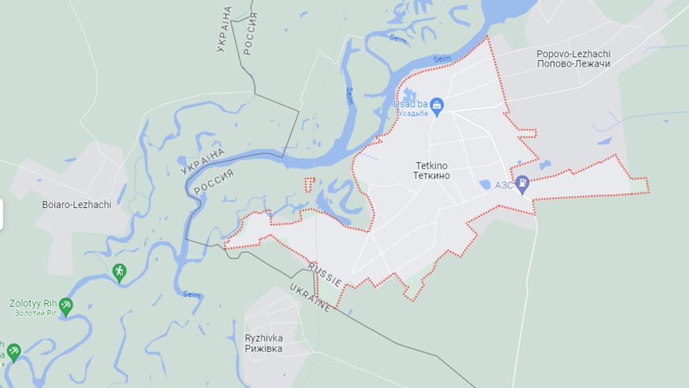 Capture d'écran Google Maps de Tetkino à la frontière entre Russie et Ukraine.