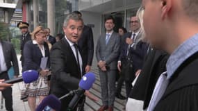 Gérald Darmanin face aux avocats Camilla Quendolo et Aziz Smira devant le tribunal judiciaire de Nanterre, le mardi 29 juillet.