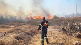 Des pompiers tentent d'éteindre un incendie de forêt dans la région d'Ano Souli en Attique, le 12 août 2024. 