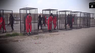 Capture d'écran tirée d'une vidéo diffusée dimanche 22 février par l'EI, montrant des combattants kurdes enfermés dans des cages.